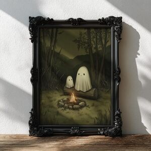 Ghost Camping Art Print, Camp Fire Nature Wall Art, Spooky Halloween Decor